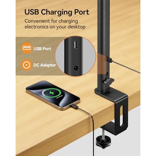 AUSDOM LED Desk Lamp for Home Office, 24W Ultra Bright Architect Task Light with Clamp & USB Port, 5 Colors & Dimming Touch Control, Flexible Gooseneck for Reading, Crafting, Gaming- 50 Lighting Modes