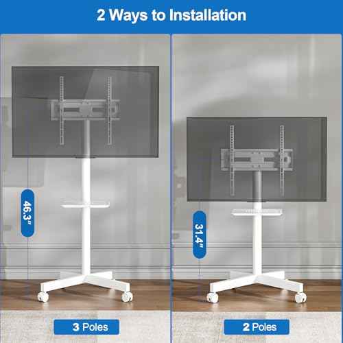 Mobile TV Stand for 23-65 Inch LCD LED Flat/Curved Panel Screen TVs, Height Adjustable Rolling TV Stand with Tilt Mount and Shelf, Portable Stand Holds up to 110 lbs, Max VESA 400x400mm, White