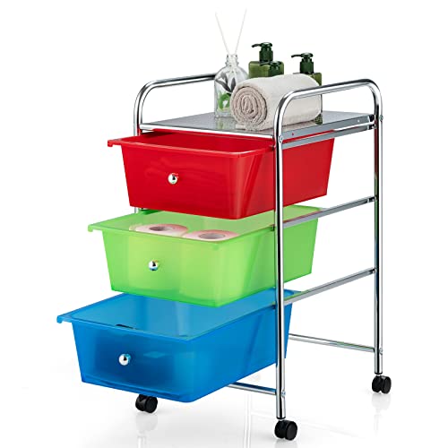 Julimoon 3 Drawer Rolling Storage Cart, Multipurpose Storage Organizer Cart with Wheels, Mobile Utility Cart for Garage Office Home Kitchen Tools (Rainbow)