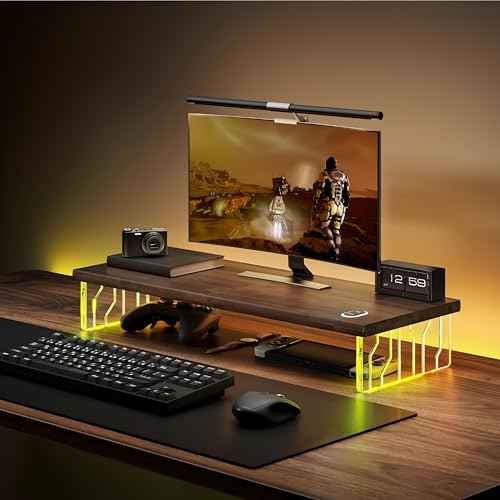 Veyro Gaming Monitor Stand For Desk with Acrylic Legs & 18-Color RGB LED Light - Gaming Monitor Riser and Wooden Monitor Stands for Monitors, Laptops & Gaming PCs ? Ergonomic Acrylic Desk Riser