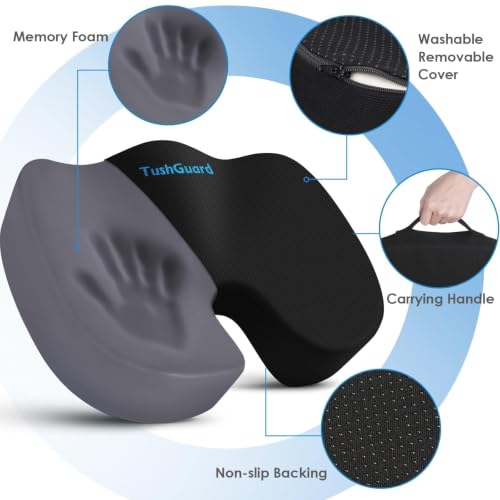 TushGuard Memory Foam Seat Cushion - Black, Large for Office Chair, Car
