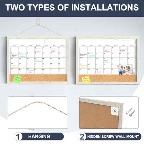 Calendar Whiteboard for Wall, 18x24 Inches Whiteboard Calendar Cork Board Combo, Magnetic Monthly White Board with Wood Framed, Hanging Dry Erase Board for Kitchen Home Office School Planner