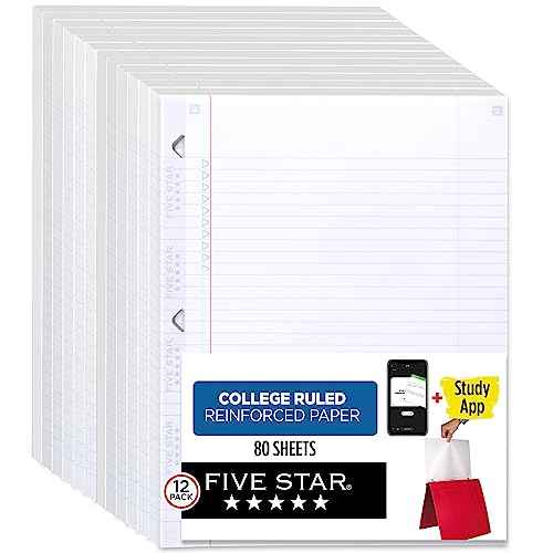 Five Star Loose Leaf Paper Plus Study App, 12 Pack, Notebook Paper, College Ruled Filler Paper, Reinforced, 8.5 x 11, 80 Sheets per Pack (170026-ECM)