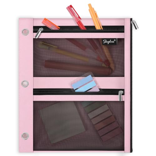 Pink SKYDUE Pencil Pouch for 3 Ring Binder 11x9 with Mesh Window & 3 Pockets