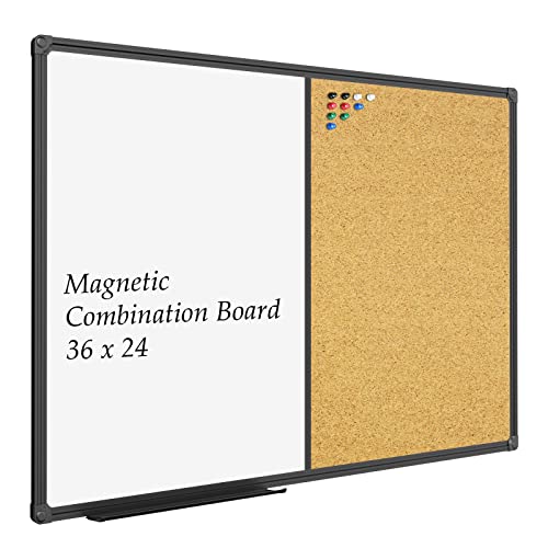 JILoffice 36 x 24 Inch White Board & Corkboard Combo Wall Mount Magnetic Whiteboard with Black Aluminum Frame and 10 Push Pins