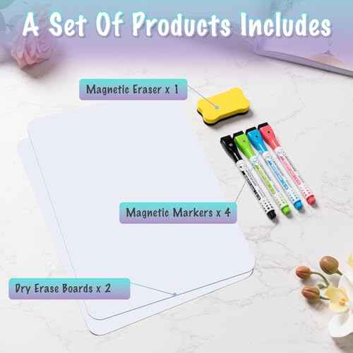 2-Pack Magnetic Dry Erase Board Sheet for Refrigerator, 12"X8" Erasable Fridge Whiteboard with 4 Markers & 1 Eraser, Small Flexible Magnet Blank Notepad for Home Kitchen Organizer Planner to-Do List