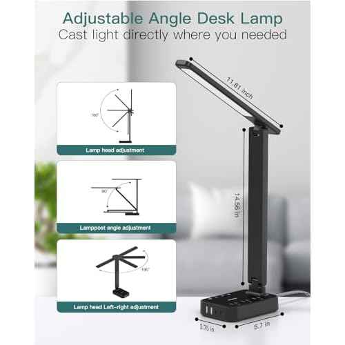 Addtam LED Desk Lamp, Power Strip with 3 Outlets 4 USB Charging Ports(2 USBC), 4 Modes 5 Level Brightness Touch Lamp, Small Desk Lamp for Home Office College Dorm Room Essentials