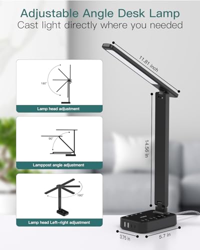 Addtam LED Desk Lamp with 4 Modes & USB Power Strip - Black, 5 FT Cord