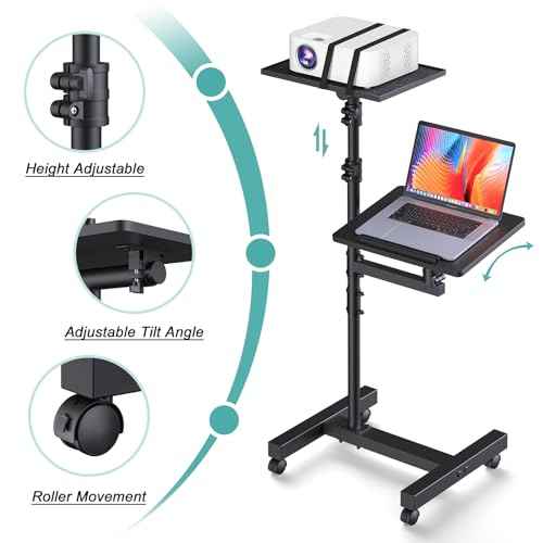 2 Shelves Projector Stand Tripod, Height Adjustable Max 64", Mobile Laptop Cart on Wheels Projector Tripod Stand, Overbed Table with Wheels, Rolling Laptop Floor Stand for Couch