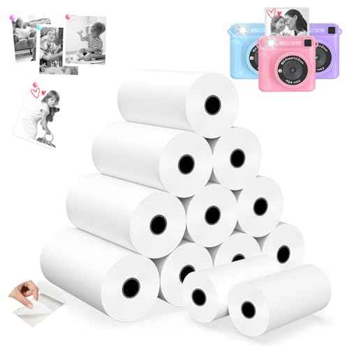 12 Rolls Mini Thermal Printer Sticker Paper, Kids Instant Camera Refill Print Paper, Atnadov HD Thermal Paper for Most Kids Instant Camera (White-12 Rolls Sticker Paper)
