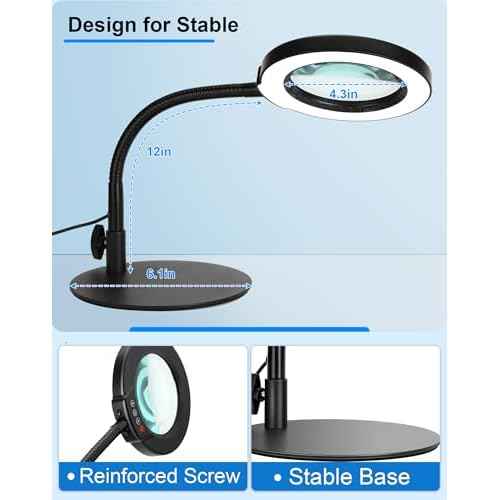 Magnifying Glass with Light and Stand, Hands Free Magnifying Lamp, 5 Color Modes 10 Dimmable Brightness, Metal Base Desk Magnifier Lamp for DIY Craft Reading Painting Sewing Hobby Detail Work