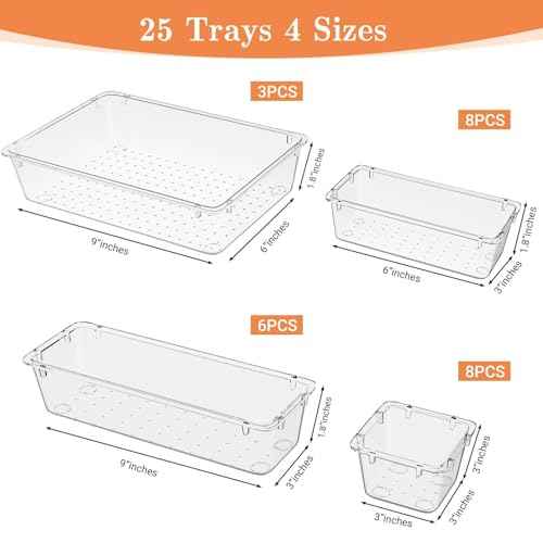25 PCS Plastic Drawer Organizer Set, 4-Size Versatile Organizer Trays & storage Bins for Makeup, Jewelry, and Gadgets in Bathroom, Bedroom and Office,Clear White