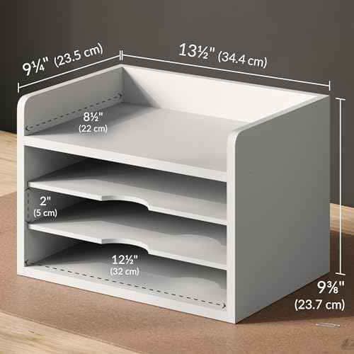 Ballucci File Organizer, 4-Tier Office Desk Organizer, Open Top Wood Paper Organizer for Classroom, Desktop Mail Sorter Paper Tray, White