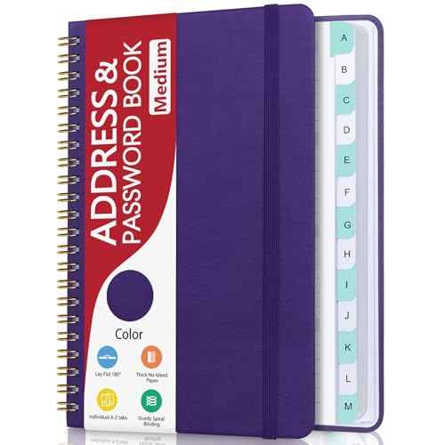 Address Book with Alphabetical Tabs, Hardcover Phone Book Password Keeper with Spiral Binding, Address Books for Seniors, Record Internet Logins, Coloring Pages - 5.7" ¡¿ 7.7" (Purple)