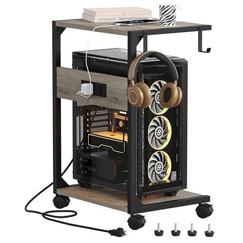 2 Tier Computer Tower Stand with Charging Station, 11.8"D x 16.5"W Rolling Floor PC Tower Stand Fits Under Desk, CPU Holder Cart for Carpet with Hooks, C Shaped End Table for Home Office
