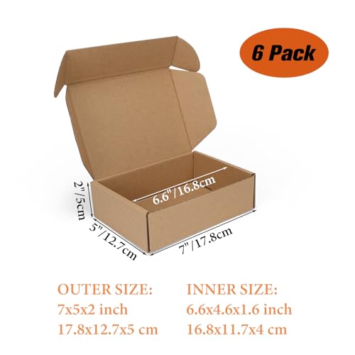 PHAREGE 6-Pack Small Mail Shipping Boxes 7x5x2 inches Brown - Easy Fold Kraft Cardboard