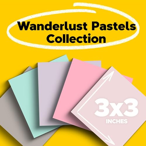 Wanderlust Pastels Post-it Super Sticky Notes 3x3 Inch, 5 Pads, Recycled Paper