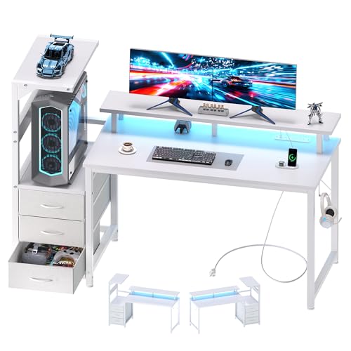 White 52-Inch Reversible Gaming Computer Desk with Drawers & Power Outlet