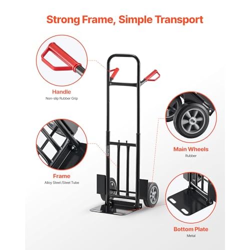 VEVOR Hand Truck, 600 lbs Load Capacity, Heavy-Duty Hand Truck Dolly with Wheels & Telescoping Handle, Portable Trolley Dolly with Tie-Down Strap for Moving Home, Office, Warehouse, Supermarket