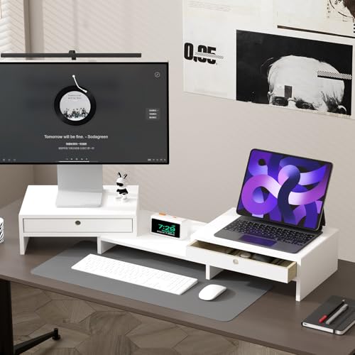 LAPTAIN Wooden Dual Monitor Stand with 2 Drawers, Monitor Stand Riser with Adjustable Length and Angle, Solid Wood Desktop Organizer Stand for Laptop/PC/Computer, No Assembly Required