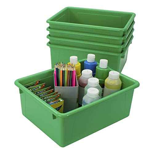 Storex Letter Size Deep Storage Tray ? Organizer Bin with Non-Snap Lid for Classroom, Office and Home, Green, 5-Pack (62547A05C), 10 x 13 x 5 Inches