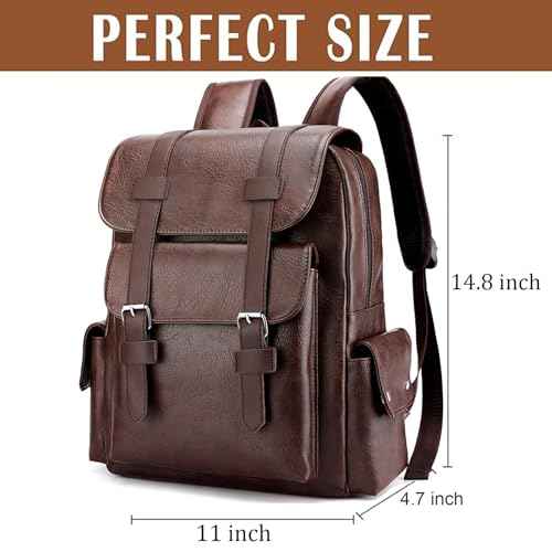 Vintage Laptop Backpack Leather Backpack for Men Dark Brown Travel Work Backpacks Large Capacity Business Back Pack