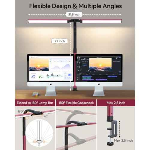 LED Desk Lamp for Home Office, Eye-Caring Desk Light with Clamp, Stepless Dimming 24W Double Head Architect Task Lamp with Remote Control, Flexible Gooseneck for Working Studying Reading Drafting£¨RED)
