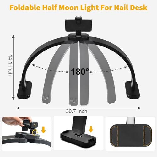 CGBE Half Moon Light for Nail Desk: Extra Large 30.7" Nail Desk Light with Phone Holder - 3 Color Modes & 10 Brightness for Nails, Beauty, Eyelashes, Tattoos - Black