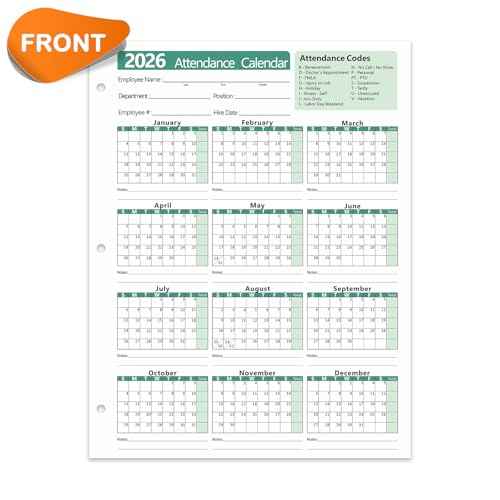 2026 Attendance Calendar Employee Work Record Tracker Attendance Calendar Cards - Each sheet 8.5 X 11 100lb CardStock paper Make (25 sheets -Green)