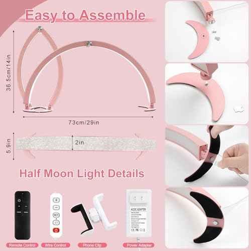 BQAN Half Moon Light for Nail Desk, 29" 40W Professional Nails Table Tech Lamp with Phone Holder & Controller & Remote, Rhinestone Lash Light for Eyelash Tech, Makeup, Tattoo, Spa, Salon(Pink)
