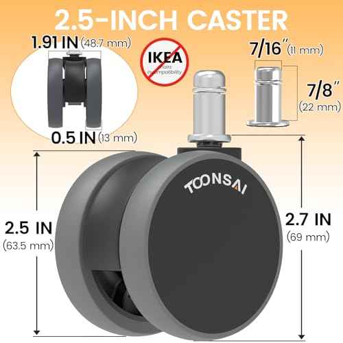 2.5 Inch Chair Wheel Replacement (Stem 7/16-7/8) Set of 5 - Heavy Duty 660LB Office Caster with Sealed Bearing, Ultra Quiet Double Rubber-like Wheel for Hardwood Floors and Carpets, Not for 1KEA Chair