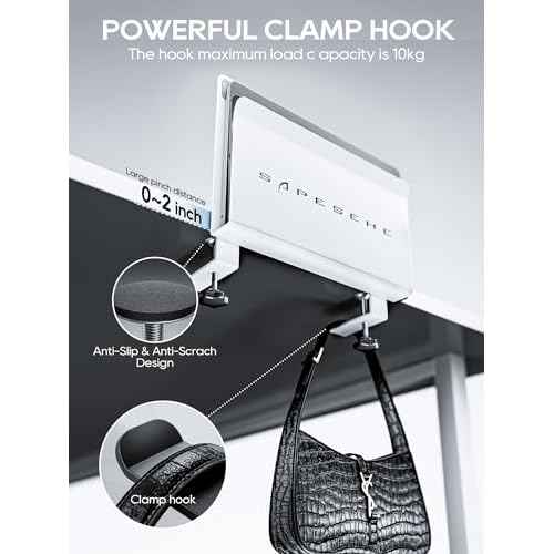 Under Desk Laptop Mount, Hanging Organizer with 2 Under Desk Hooks, Side Storage for Laptops, 22 lb Load Capacity [White]