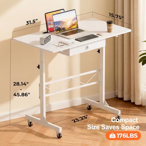COMHOMA White Standing Desk with Storage Drawer - Height Adjustable Mobile Treadmill Workstation