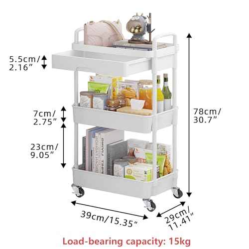 Calmootey 3-Tier Rolling Utility Cart with Drawer,Multifunctional Storage Organizer with Plastic Shelf & Metal Wheels,Storage Cart for Kitchen,Bathroom,Living Room,Office,White