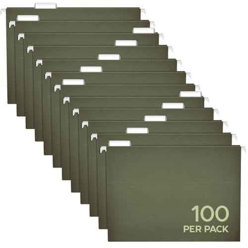 Pendaflex Hanging File Folders Letter Size - 100 Pack - 1/5 Cut Adjustable Tabs - Green Bulk File Folders with Tabs 8.5 X 11 Inches