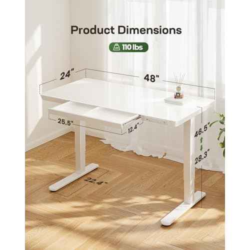 Marsail Glass Standing Desk with Drawer, 48 x 24 inch Electric Standing Desk, Height Adjustable Desk with One-Piece Tabletop & USB Charging Ports, Sit Stand Desk with Storage for Home & Office White