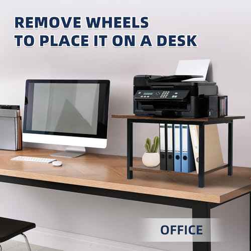 Printer Stand with Storage Shelf, Small Printer Stand for Desk Office Home, Under Desk Printer Table with Rolling Wheels, Heavy Duty Mobile Machine Cart with Shelf, Rustic Brown