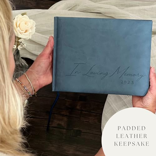 Funeral Guest Book for 2025 Celebration Of Life Memorial Service - Leather Memory Book for Funeral Guests to Sign In with Condolence Memory Table Sign & Back Pocket - Blue Guestbook