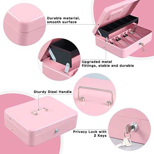 Pink Key Lock Cash Box with Secure Metal Storage for Coins & Bills