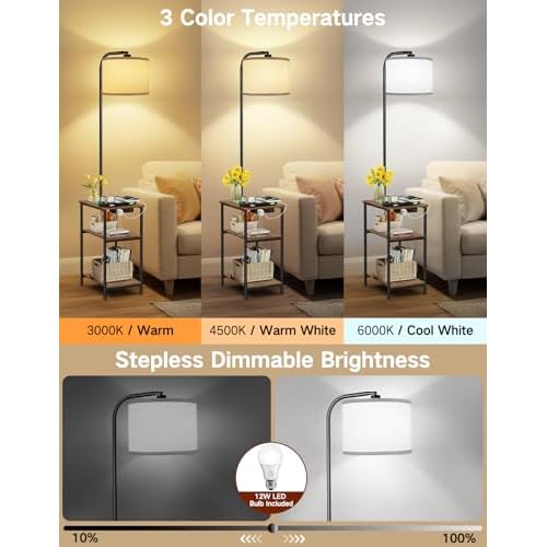 Floor Lamp with Table & Remote, Side End Table with Charging Station, Dimmable Nightstand with 3 Color Temperatures, 1-Hour Timer, 12W LED Bulb, for Living Room, Bedroom