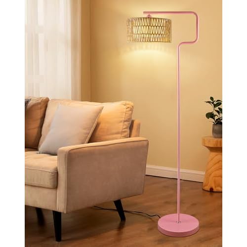 Lightdot 62IN Arc Rattan Floor Lamps for Living Room, Boho Standing Lamp with Rattan& Linen Double Lampshades, E26 3000K Soft Warm White Bohemian Caged Floor Lamp for Bedroom, Office-Pink