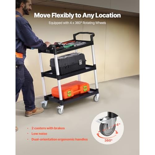 VEVOR Utility Cart, 300 lbs Load Capacity, 3-Tier Utility Plastic Cart with 360¡Æ Swivel Wheels (2 with Brakes), 24.4 x 16.1-inch Food Service Cart for Warehouse, Office, Home, Restaurant, Kitchen