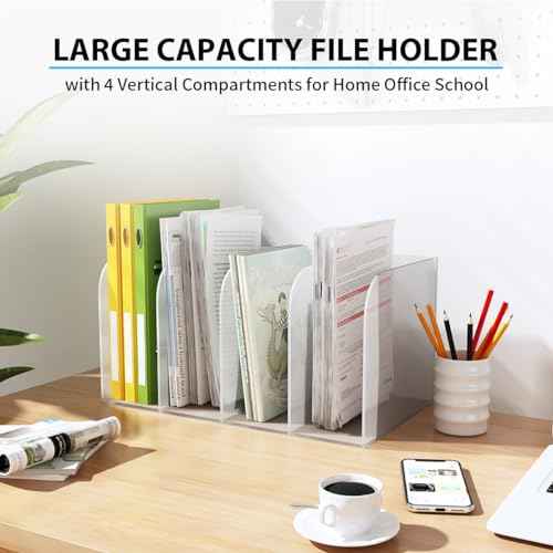 Acrylic Magazine File Holder, Vertical Desk Organizer File Sorter with 4 Compartments, Clear Mail Organizer Office Organization Storage Bins Holding for Magazine, Binder, Books