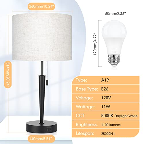 GGOYING Set of 2 Bedroom Table Lamps, Pull Chain Bedside Lamps with USB A & C Charging Ports,5000K LED Bulb,Linen Lampshade for Livingroom, Bedroom, Home