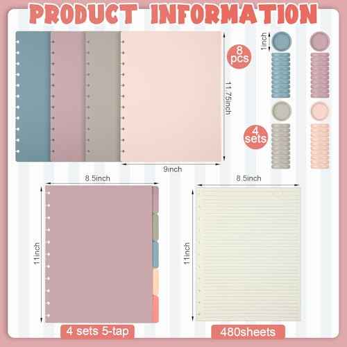 Glenmal 4 Sets Discbound Notebook, 8.5" x 11" Customizable Notebook Letter Size Includes Discs 5 Tab Note Dividers College Ruled Removable Pages Refillable Subject Journal for Office(Bright Color)