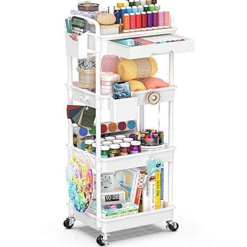 4 Tier Rolling Utility Cart with Drawer, Storage Organizer Cart with 2 Lockable Wheels, Multifunctional Rolling Storage Cart for Bathroom, Kitchen, Craft, Makeup, Baby Essentials, White