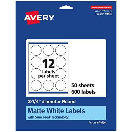 Avery Matte White Round Labels, Sure Feed Technology, 2.25" Diameter, 600 Matte White Printable Labels