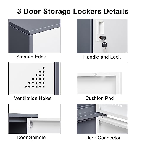 iCHENGGD 3-Door Metal Locker Cabinet – 35.4 in H Steel Storage Locker Grey