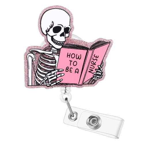 Funny Skeleton Office Badge Buddy, How to BE A Nurse Work Badge Holder with Retractable Clip, Cute Pink Medical Badge Clip for RN CNA LPN LVN MA Hospital Worker Nursing Student Teacher