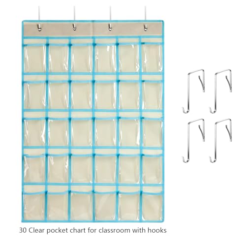 KEEPJOY Beige Classroom Pocket Chart Organizer with 30 Clear Pockets & Number Stickers - Cell Phone and Calculator Holder, 33.5 x 24.5 Inch, 1 Pack